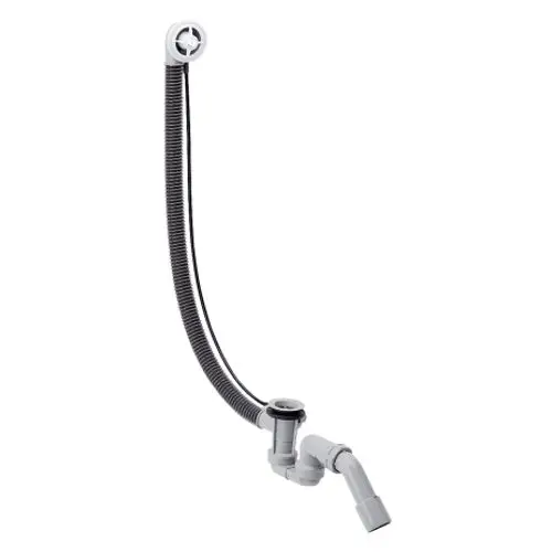 Flexibles Abfluss- und Überlaufrohr von Hansgrohe mit geschlungenem Schlauch und seitlichem Abzweig für die Installation in speziellen Wannen.
